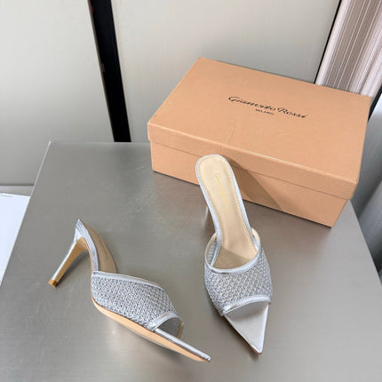 GIANVITO ROSSI 26S POINTED-TOE SANDALS 90 MM IN SILVER LAMBSKIN