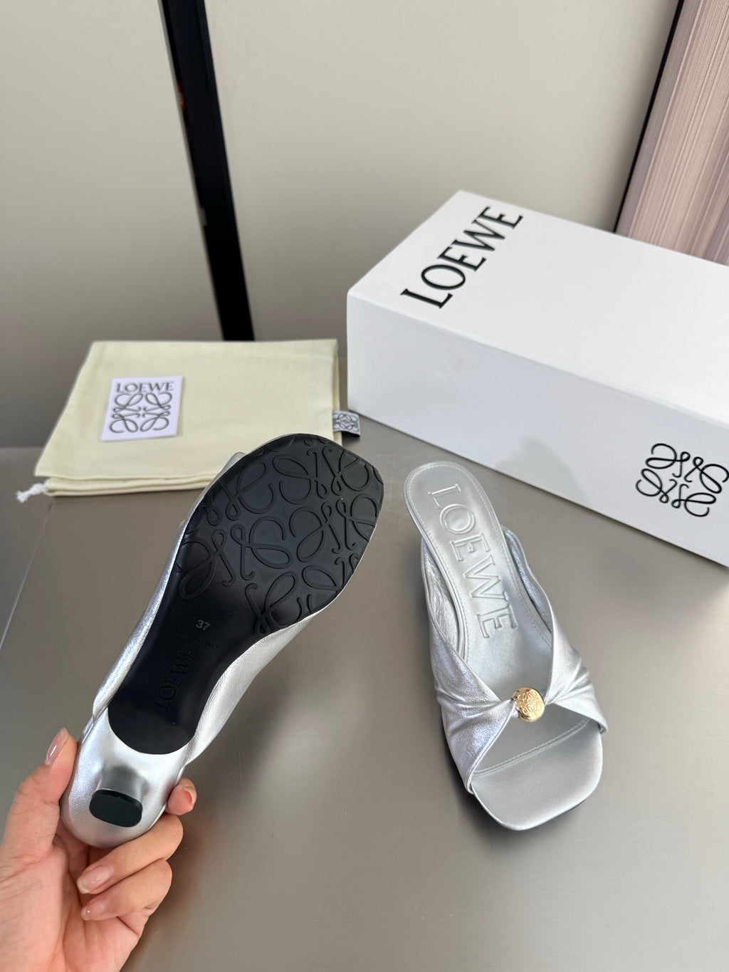 LOEWE 26S HEELED SANDALS 45MM IN SILVER CALFSKIN