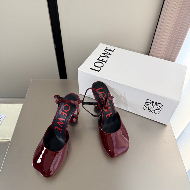 LOEWE 26S SLINGBACK HIGH HEEL PUMPS 60MM IN BURGUNDY RED PATENT CALFSKIN