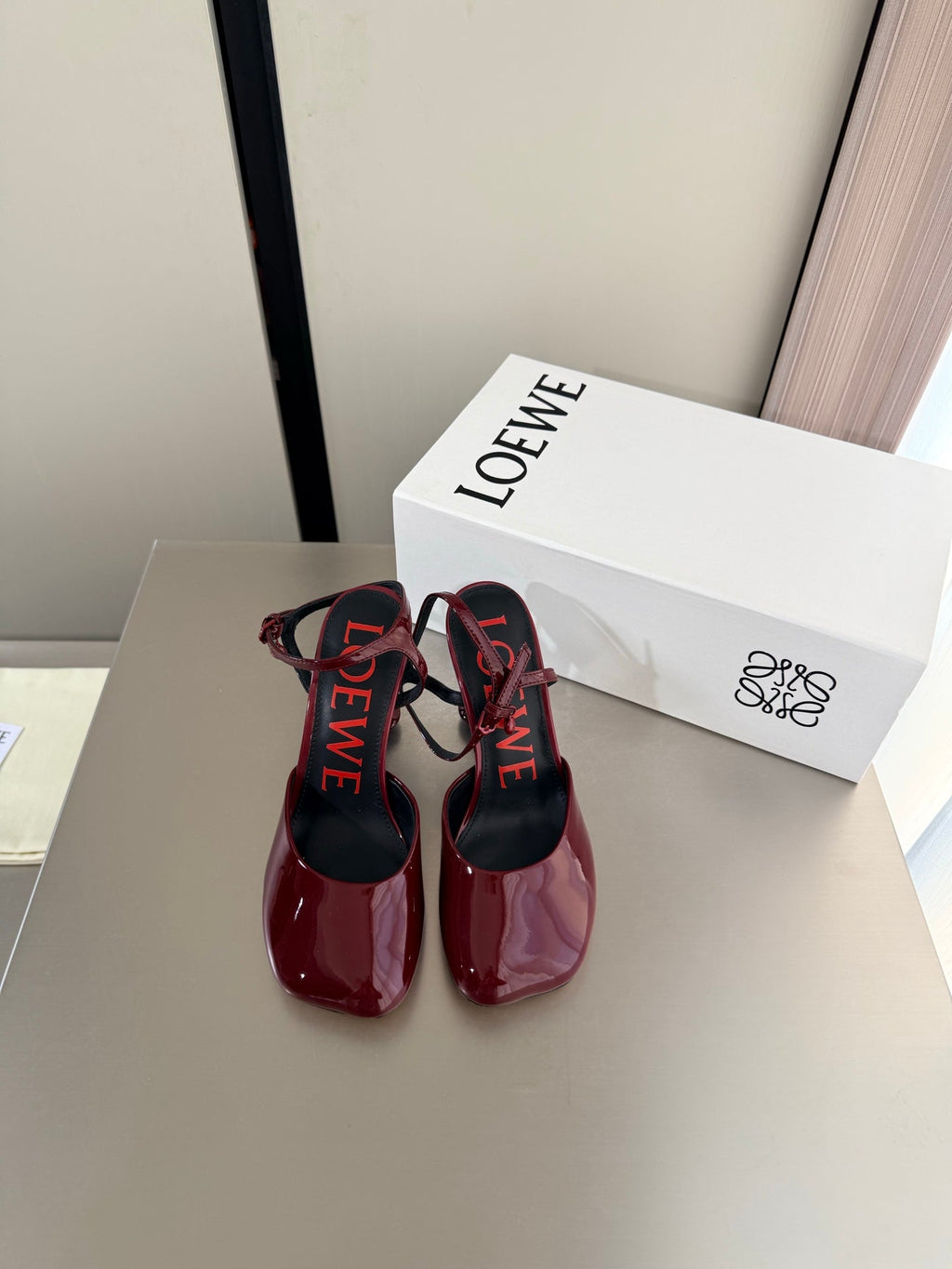 LOEWE 26S SLINGBACK HIGH HEEL PUMPS 60MM IN BURGUNDY RED PATENT CALFSKIN