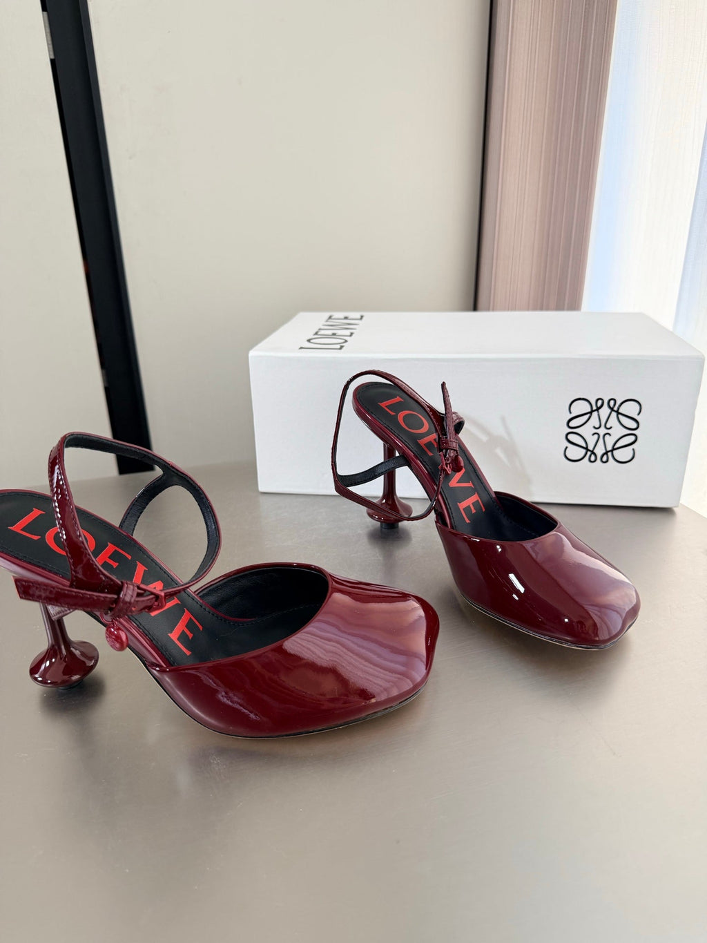 LOEWE 26S SLINGBACK HIGH HEEL PUMPS 60MM IN BURGUNDY RED PATENT CALFSKIN