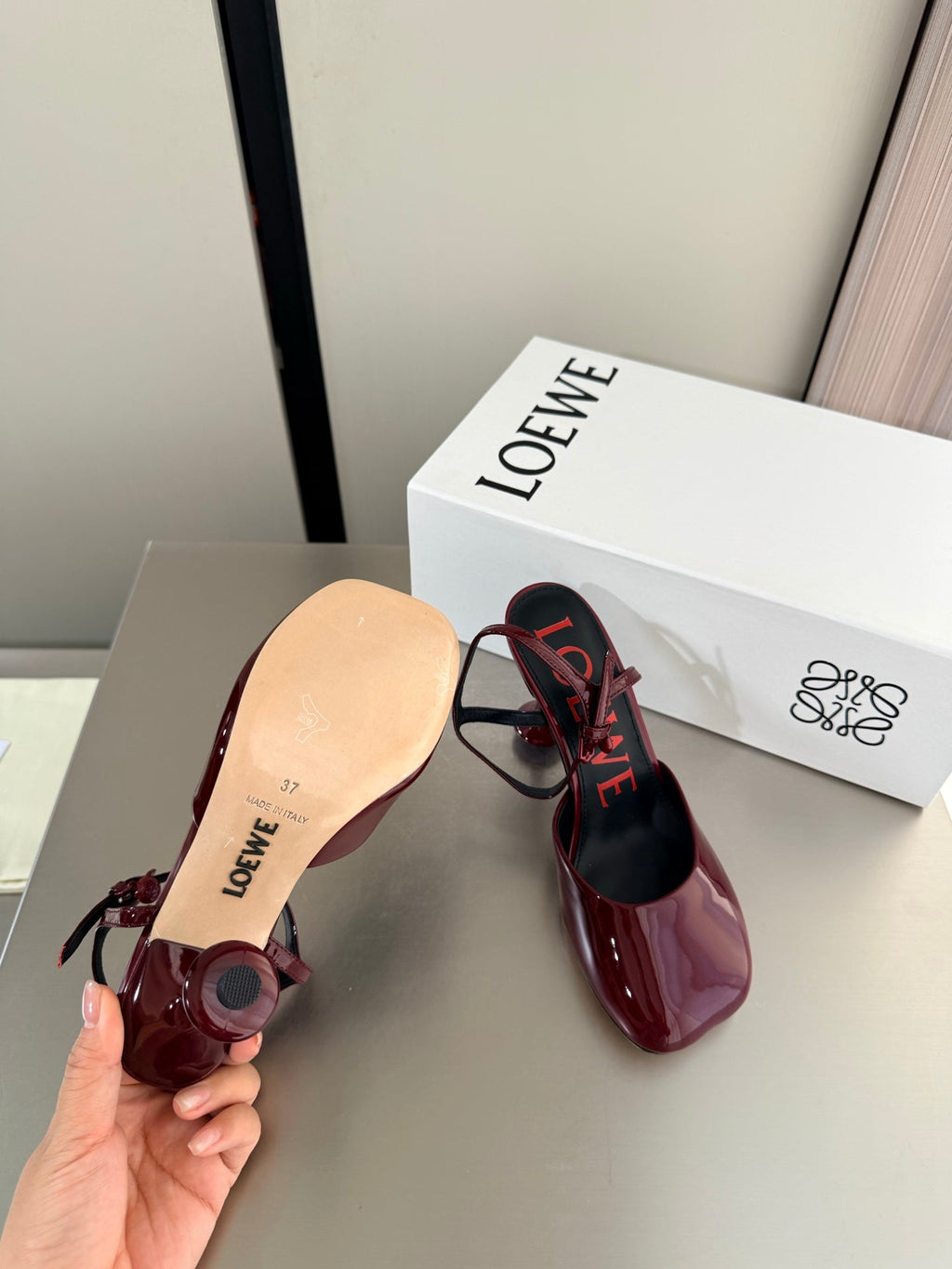 LOEWE 26S SLINGBACK HIGH HEEL PUMPS 60MM IN BURGUNDY RED PATENT CALFSKIN