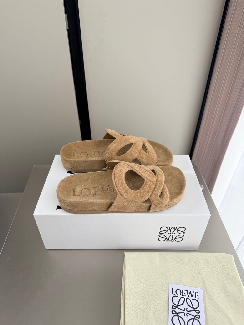 LOEWE 26S SLIDE SANDALS 30MM IN BEIGE SUEDE
