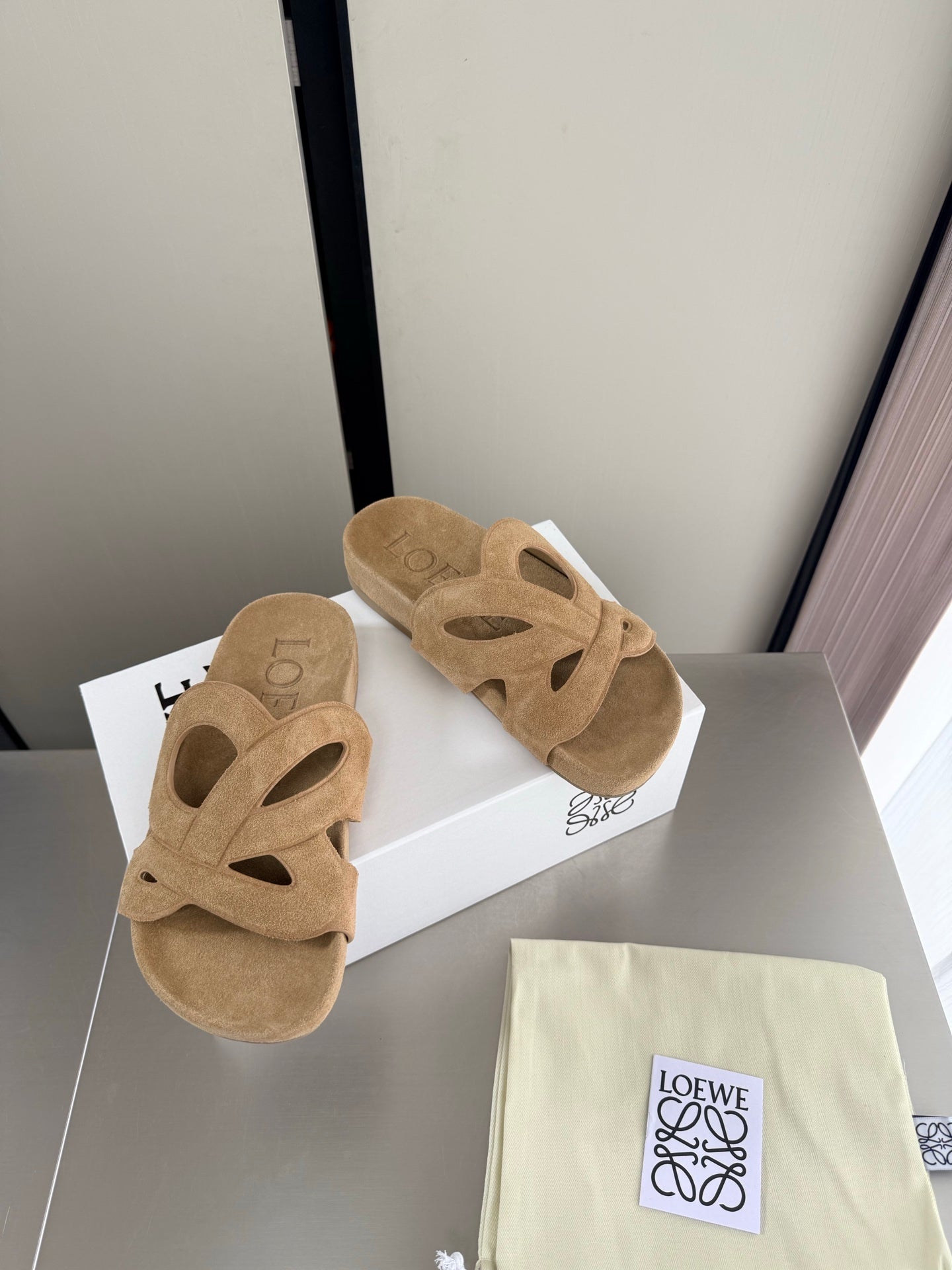 LOEWE 26S SLIDE SANDALS 30MM IN BEIGE SUEDE