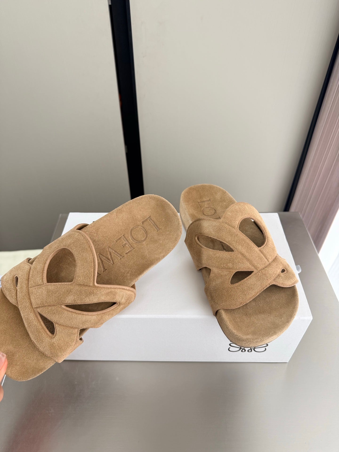 LOEWE 26S SLIDE SANDALS 30MM IN BEIGE SUEDE