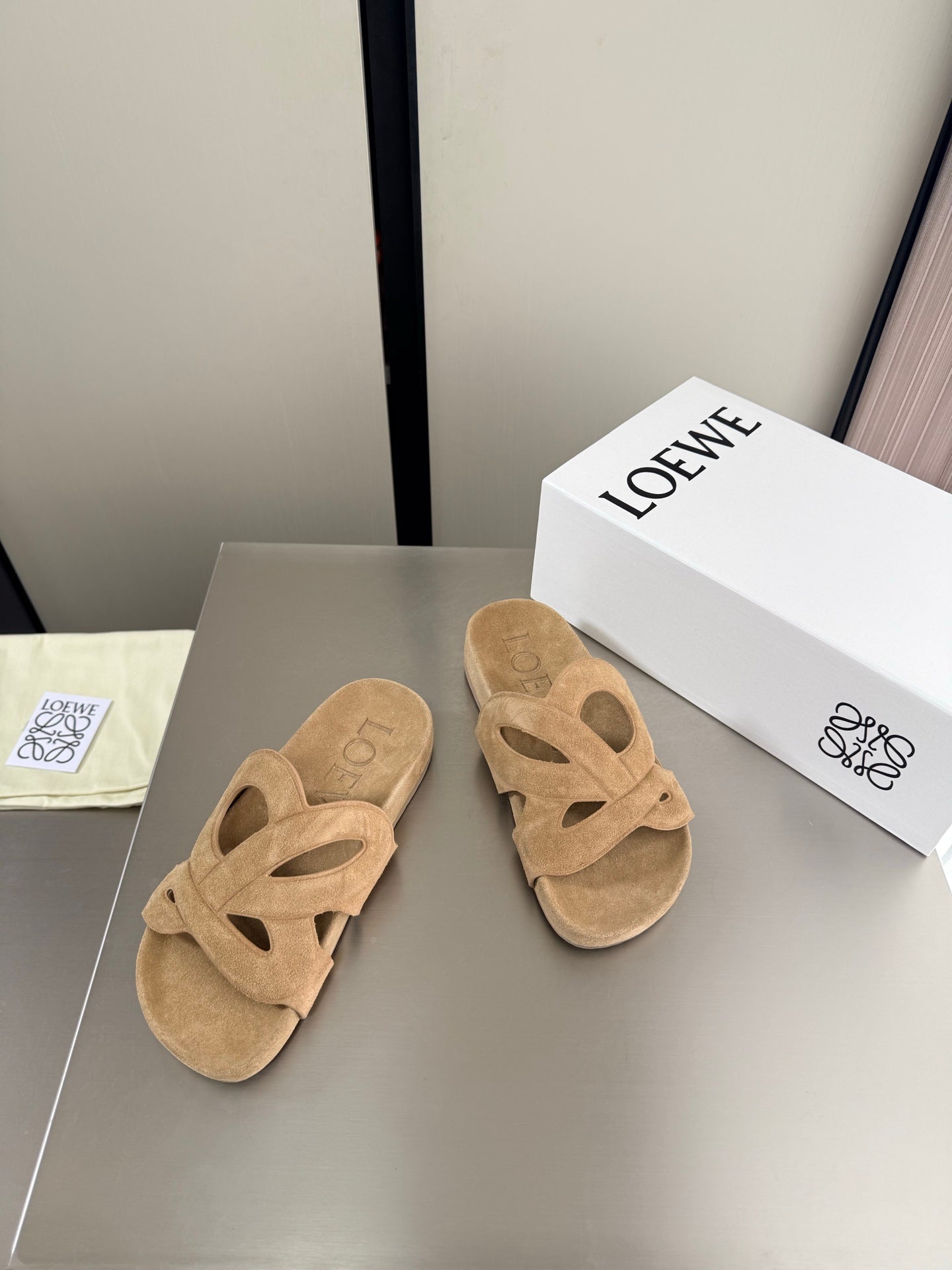 LOEWE 26S SLIDE SANDALS 30MM IN BEIGE SUEDE