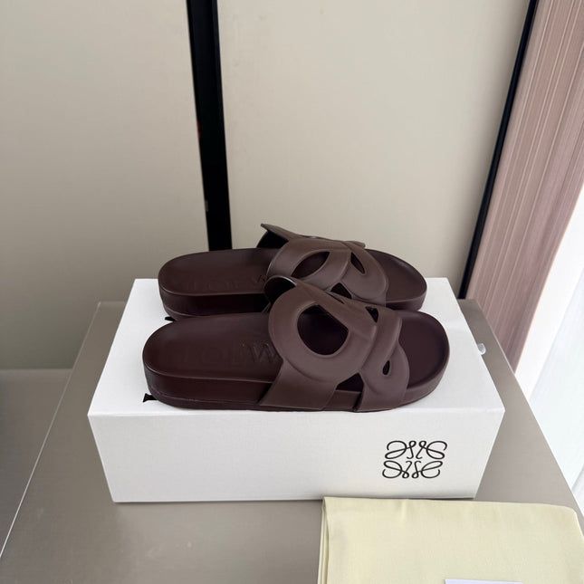 LOEWE 26S SLIDE SANDALS 30MM IN DARK BROWN CALFSKIN