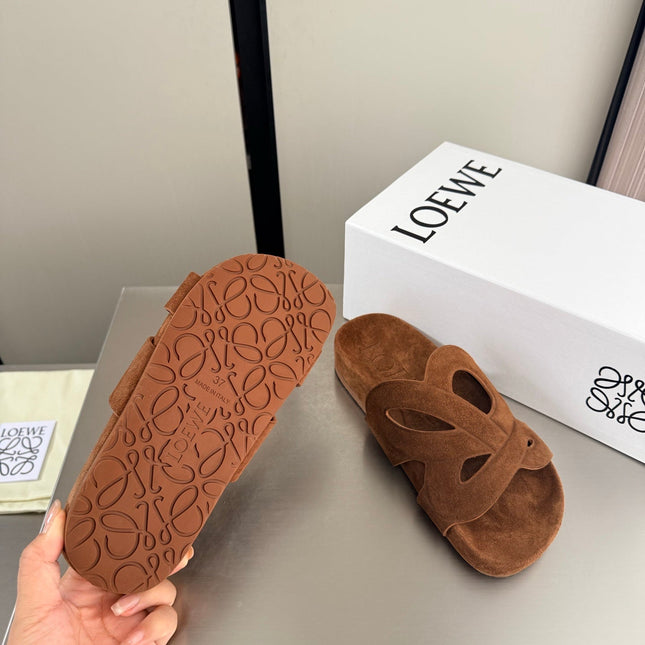 LOEWE 26S SLIDE SANDALS 30MM IN CARAMEL BROWN SUEDE
