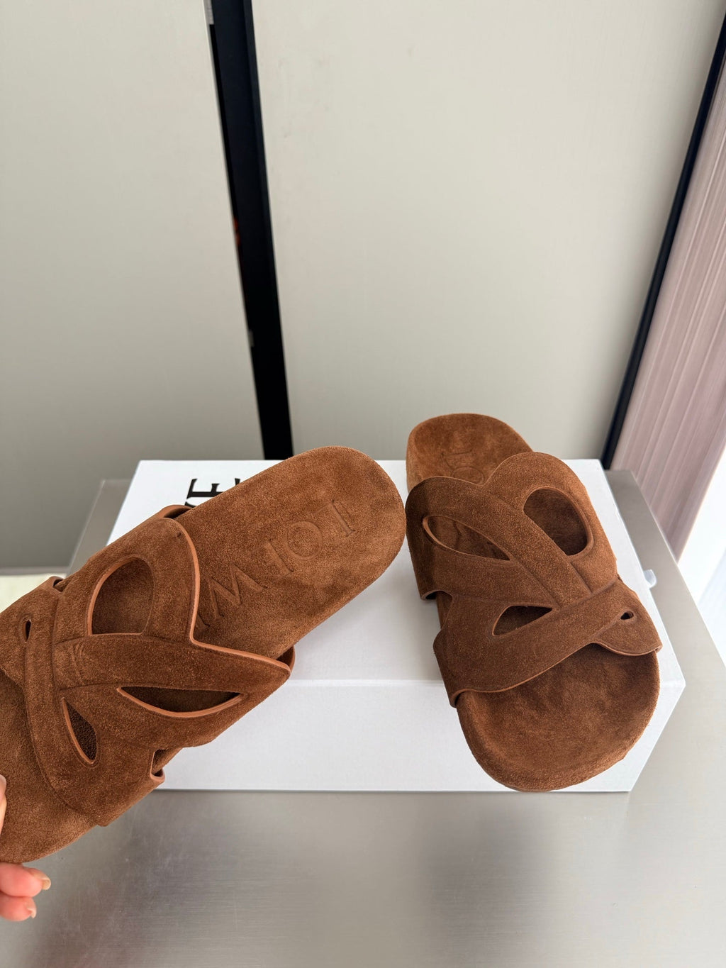 LOEWE 26S SLIDE SANDALS 30MM IN CARAMEL BROWN SUEDE