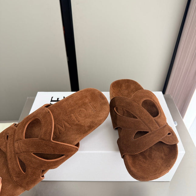 LOEWE 26S SLIDE SANDALS 30MM IN CARAMEL BROWN SUEDE