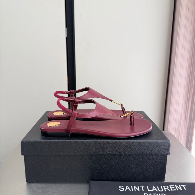 YSL 26S THONG SANDALS IN DARK RED CALFSKIN WITH GOLD HARDWARE