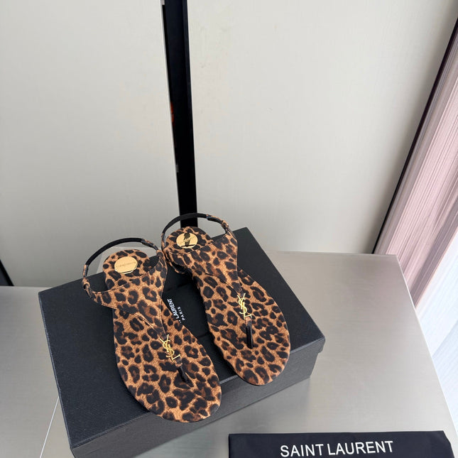 YSL 26S THONG SANDALS IN LEOPARD-PRINT CANVAS WITH GOLD HARDWARE