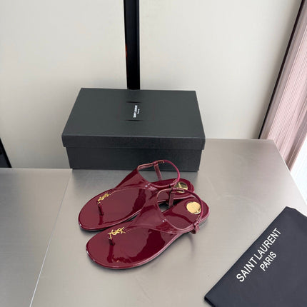 YSL 26S THONG SANDALS IN DARK RED GLOSSY CALFSKIN WITH GOLD HARDWARE