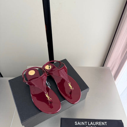 YSL 26S THONG SANDALS IN DARK RED GLOSSY CALFSKIN WITH GOLD HARDWARE