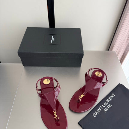 YSL 26S THONG SANDALS IN DARK RED GLOSSY CALFSKIN WITH GOLD HARDWARE