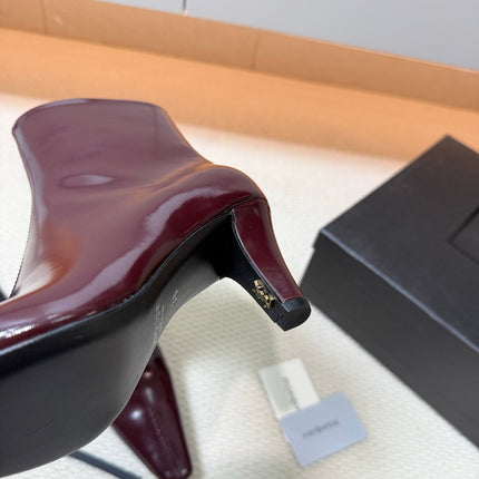 YSL 26S HEELED ANKLE BOOTS 70 MM IN DARK RED GLOSSY LAMBSKIN
