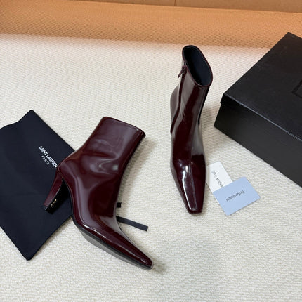 YSL 26S HEELED ANKLE BOOTS 70 MM IN DARK RED GLOSSY LAMBSKIN