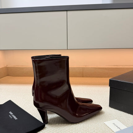 YSL 26S HEELED ANKLE BOOTS 70 MM IN DARK RED GLOSSY LAMBSKIN