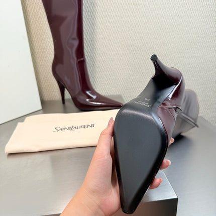 YSL 26S HIGH-HEEL TALL BOOTS 105 MM IN DARK RED GLOSSY LAMBSKIN