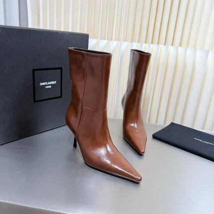 YSL 26S ANKLE BOOTS 80 MM IN LIGHT BROWN SHINY LAMBSKIN