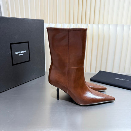 YSL 26S ANKLE BOOTS 80 MM IN LIGHT BROWN SHINY LAMBSKIN