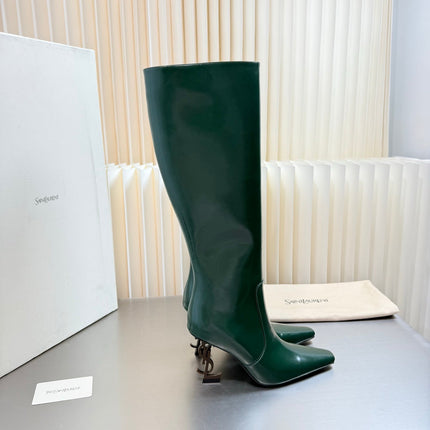 YSL 26S TALL POINTED-TOE HEELED BOOTS 80 MM IN DARK GREEN GLOSSY LAMBSKIN