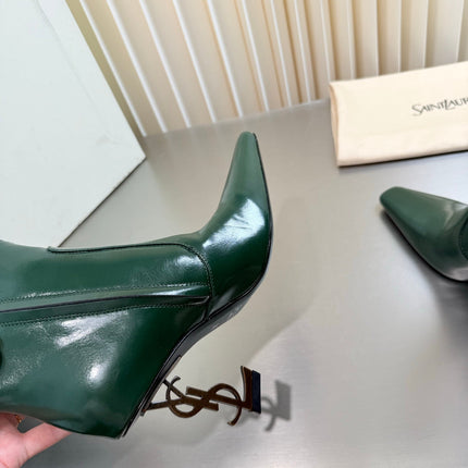 YSL 26S TALL POINTED-TOE HEELED BOOTS 80 MM IN DARK GREEN GLOSSY LAMBSKIN