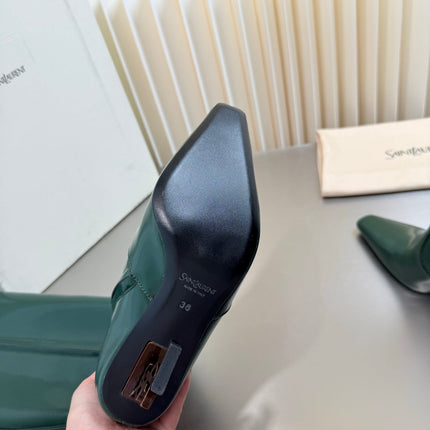 YSL 26S TALL POINTED-TOE HEELED BOOTS 80 MM IN DARK GREEN GLOSSY LAMBSKIN