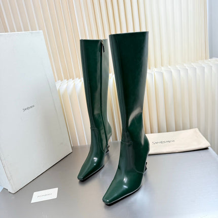 YSL 26S TALL POINTED-TOE HEELED BOOTS 80 MM IN DARK GREEN GLOSSY LAMBSKIN