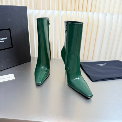 YSL 26S POINTED-TOE HEELED BOOTS 105 MM IN DARK GREEN SHINY CALFSKIN