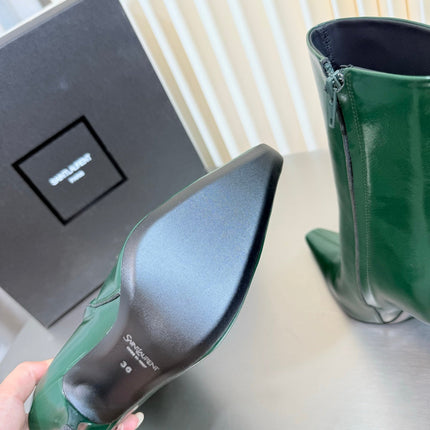 YSL 26S POINTED-TOE HEELED BOOTS 105 MM IN DARK GREEN SHINY CALFSKIN