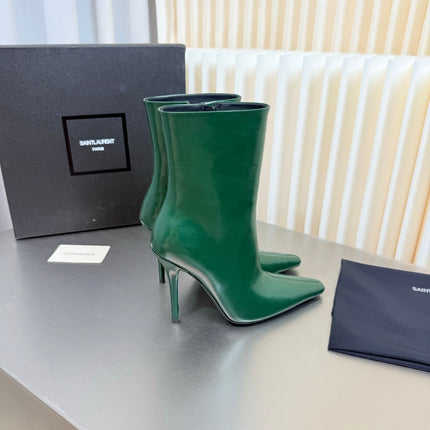 YSL 26S POINTED-TOE HEELED BOOTS 105 MM IN DARK GREEN SHINY CALFSKIN