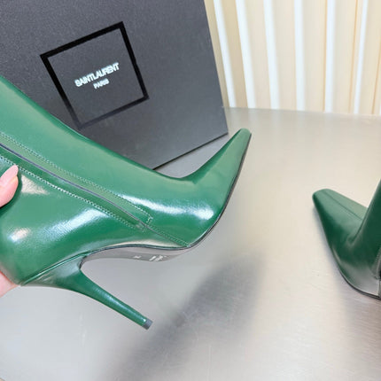 YSL 26S POINTED-TOE HEELED BOOTS 105 MM IN DARK GREEN SHINY CALFSKIN