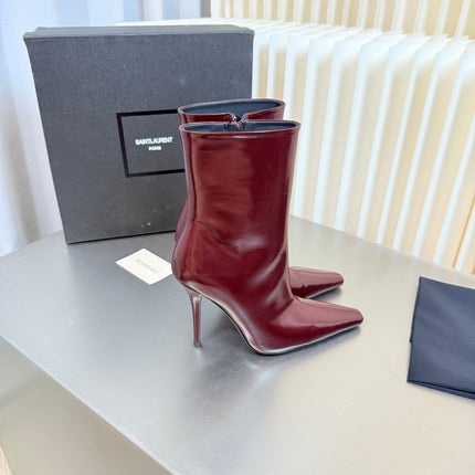 YSL 26S POINTED-TOE HEELED BOOTS 105 MM IN DARK RED SHINY CALFSKIN