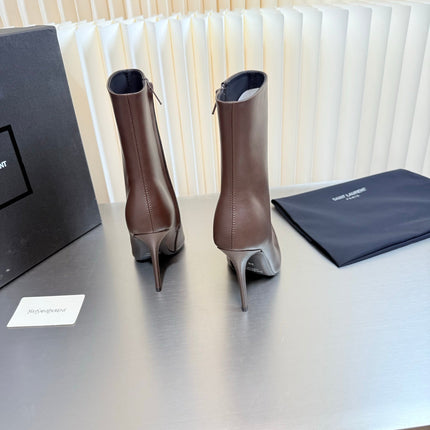 YSL 26S POINTED-TOE HEELED BOOTS 105 MM IN BROWN CALFSKIN