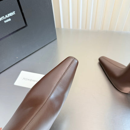 YSL 26S POINTED-TOE HEELED BOOTS 105 MM IN BROWN CALFSKIN