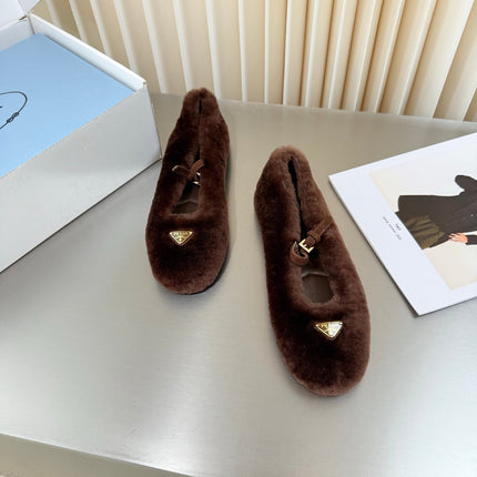 PRADA 26S MARY JANE BALLET IN DARK BROWN SHEARLING