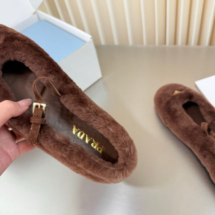 PRADA 26S MARY JANE BALLET IN DARK BROWN SHEARLING
