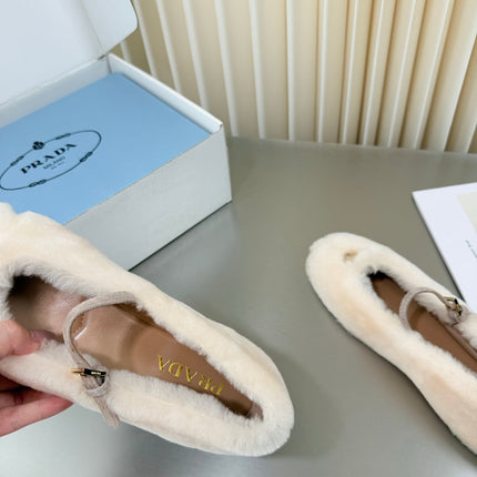 PRADA 26S MARY JANE BALLET IN CREAM WHITE SHEARLING
