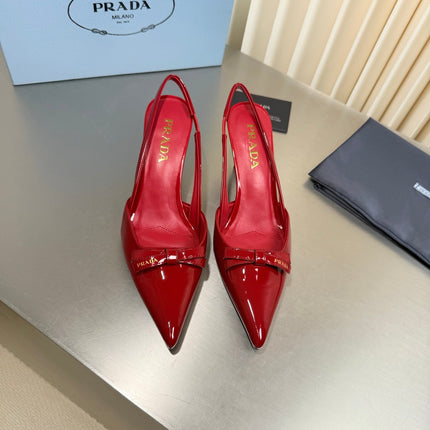 PRADA 26S POINTED-TOE SLINGBACK PUMPS IN RED PATENT CALFSKIN WITH BOW