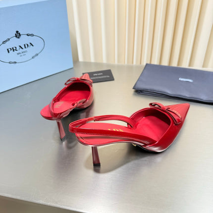 PRADA 26S POINTED-TOE SLINGBACK PUMPS IN RED PATENT CALFSKIN WITH BOW