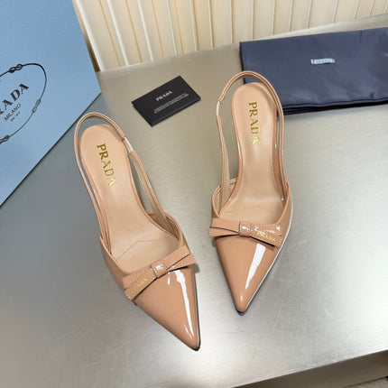PRADA 26S POINTED-TOE SLINGBACK PUMPS IN BEIGE PATENT CALFSKIN WITH BOW