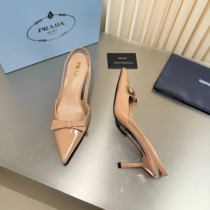 PRADA 26S POINTED-TOE SLINGBACK PUMPS IN BEIGE PATENT CALFSKIN WITH BOW