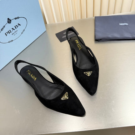 PRADA 26S SLINGBACK FLATS IN BLACK SUEDE WITH GOLD HARDWARE