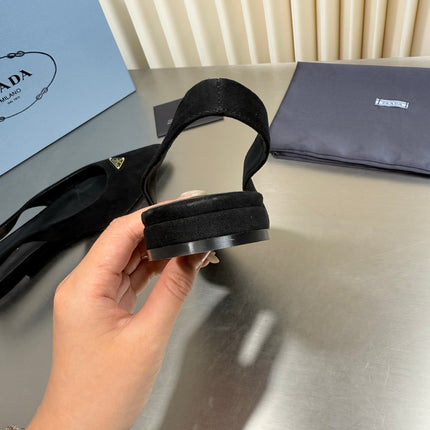 PRADA 26S SLINGBACK FLATS IN BLACK SUEDE WITH GOLD HARDWARE