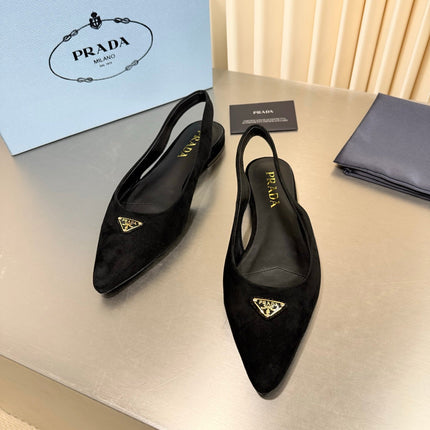 PRADA 26S SLINGBACK FLATS IN BLACK SUEDE WITH GOLD HARDWARE