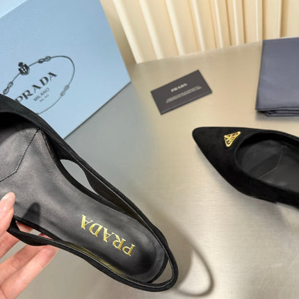 PRADA 26S SLINGBACK FLATS IN BLACK SUEDE WITH GOLD HARDWARE