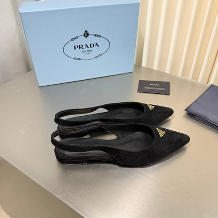 PRADA 26S SLINGBACK FLATS IN BLACK SUEDE WITH GOLD HARDWARE