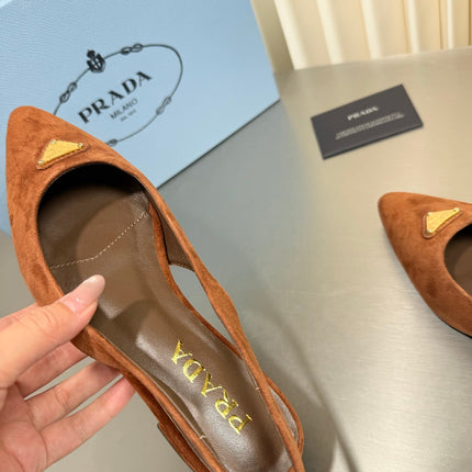 PRADA 26S SLINGBACK FLATS IN COGNAC BROWN SUEDE WITH GOLD HARDWARE