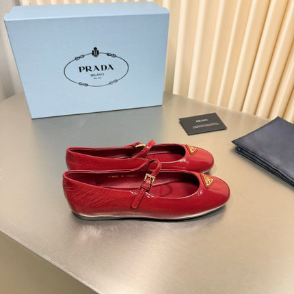 PRADA 26S MARY JANE FLATS IN RED CALFSKIN